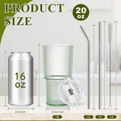 20oz Plastic Ribbed Tumblers with Lid and Straws Blue Plastic Reusable Iced Coffee Cups with Lid Unbreakable Vintage Ribbed Drinking Glasses Tumbler for Juice Smoothie Beverage with Clean Brush