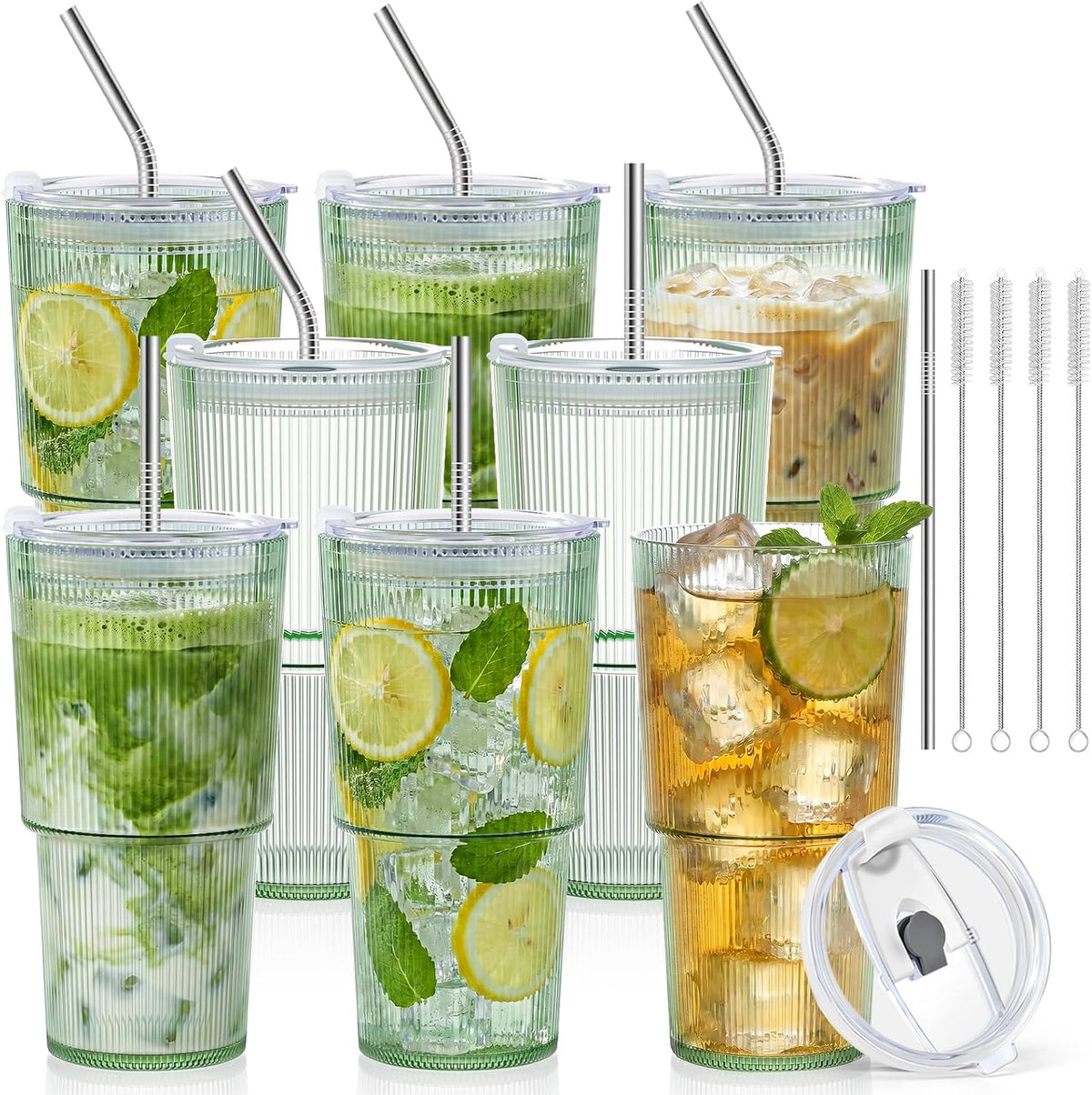 20oz Plastic Ribbed Tumblers with Lid and Straws Blue Plastic Reusable Iced Coffee Cups with Lid Unbreakable Vintage Ribbed Drinking Glasses Tumbler for Juice Smoothie Beverage with Clean Brush