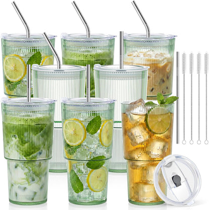 20oz Plastic Ribbed Tumblers with Lid and Straws Blue Plastic Reusable Iced Coffee Cups with Lid Unbreakable Vintage Ribbed Drinking Glasses Tumbler for Juice Smoothie Beverage with Clean Brush