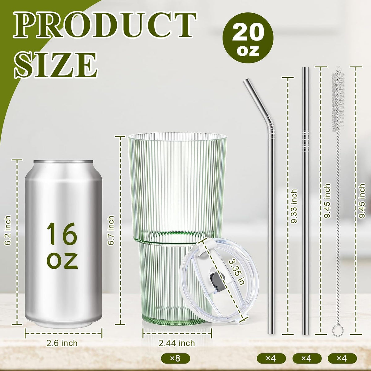 20oz Plastic Ribbed Tumblers with Lid and Straws Blue Plastic Reusable Iced Coffee Cups with Lid Unbreakable Vintage Ribbed Drinking Glasses Tumbler for Juice Smoothie Beverage with Clean Brush