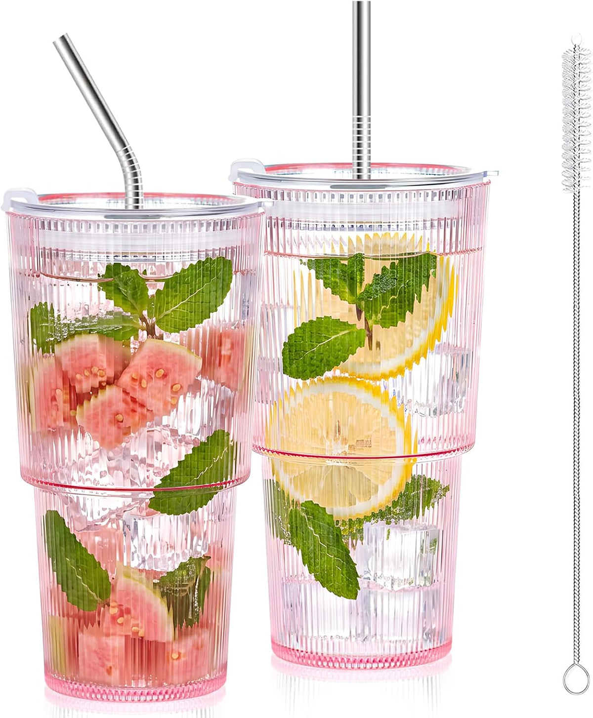 20oz Plastic Ribbed Tumblers with Lid and Straws Blue Plastic Reusable Iced Coffee Cups with Lid Unbreakable Vintage Ribbed Drinking Glasses Tumbler for Juice Smoothie Beverage with Clean Brush