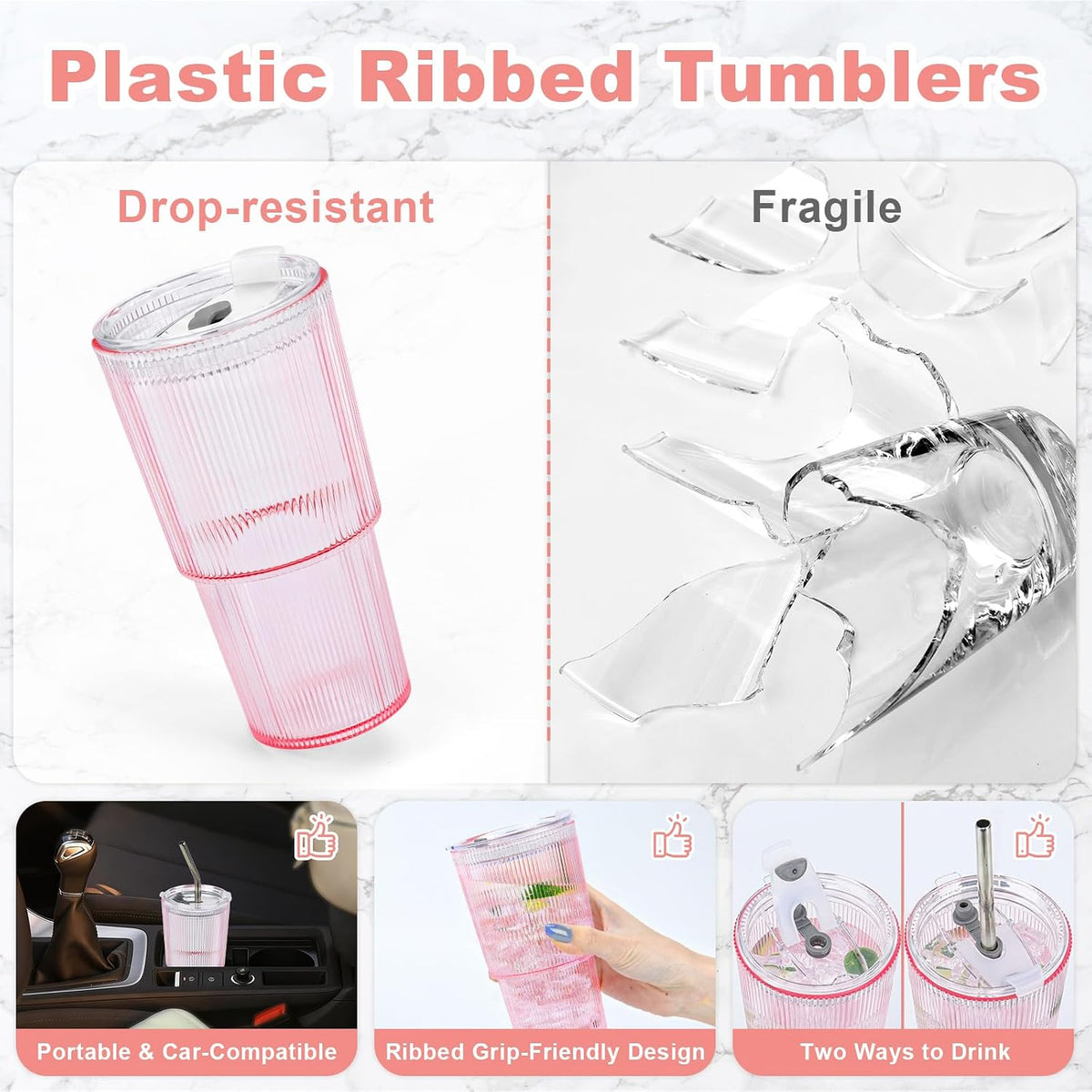 20oz Plastic Ribbed Tumblers with Lid and Straws Blue Plastic Reusable Iced Coffee Cups with Lid Unbreakable Vintage Ribbed Drinking Glasses Tumbler for Juice Smoothie Beverage with Clean Brush