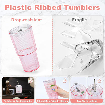 20oz Plastic Ribbed Tumblers with Lid and Straws Blue Plastic Reusable Iced Coffee Cups with Lid Unbreakable Vintage Ribbed Drinking Glasses Tumbler for Juice Smoothie Beverage with Clean Brush