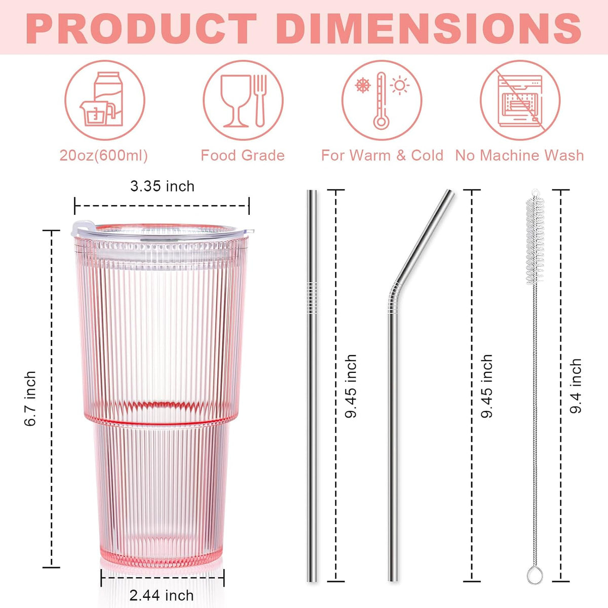 20oz Plastic Ribbed Tumblers with Lid and Straws Blue Plastic Reusable Iced Coffee Cups with Lid Unbreakable Vintage Ribbed Drinking Glasses Tumbler for Juice Smoothie Beverage with Clean Brush