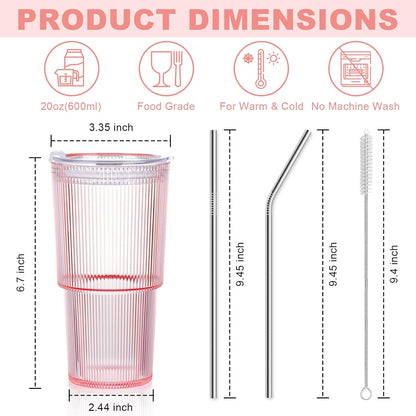20oz Plastic Ribbed Tumblers with Lid and Straws Blue Plastic Reusable Iced Coffee Cups with Lid Unbreakable Vintage Ribbed Drinking Glasses Tumbler for Juice Smoothie Beverage with Clean Brush