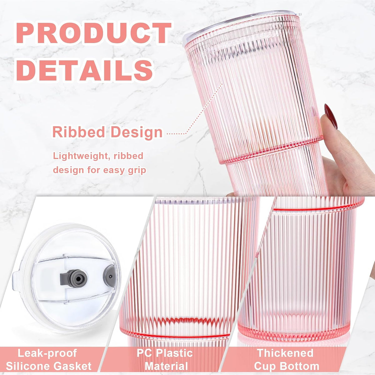 20oz Plastic Ribbed Tumblers with Lid and Straws Blue Plastic Reusable Iced Coffee Cups with Lid Unbreakable Vintage Ribbed Drinking Glasses Tumbler for Juice Smoothie Beverage with Clean Brush