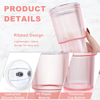 20oz Plastic Ribbed Tumblers with Lid and Straws Blue Plastic Reusable Iced Coffee Cups with Lid Unbreakable Vintage Ribbed Drinking Glasses Tumbler for Juice Smoothie Beverage with Clean Brush