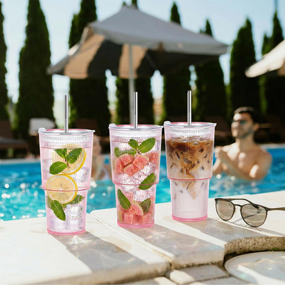 20oz Plastic Ribbed Tumblers with Lid and Straws Blue Plastic Reusable Iced Coffee Cups with Lid Unbreakable Vintage Ribbed Drinking Glasses Tumbler for Juice Smoothie Beverage with Clean Brush
