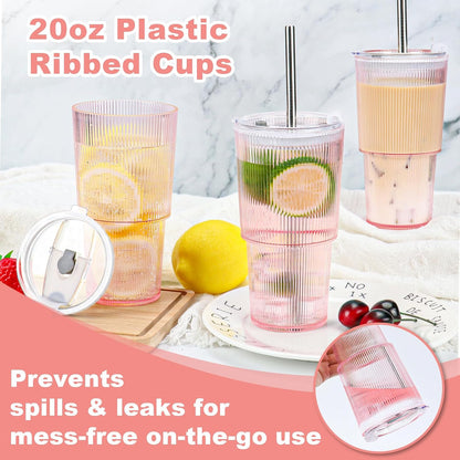 20oz Plastic Ribbed Tumblers with Lid and Straws Blue Plastic Reusable Iced Coffee Cups with Lid Unbreakable Vintage Ribbed Drinking Glasses Tumbler for Juice Smoothie Beverage with Clean Brush