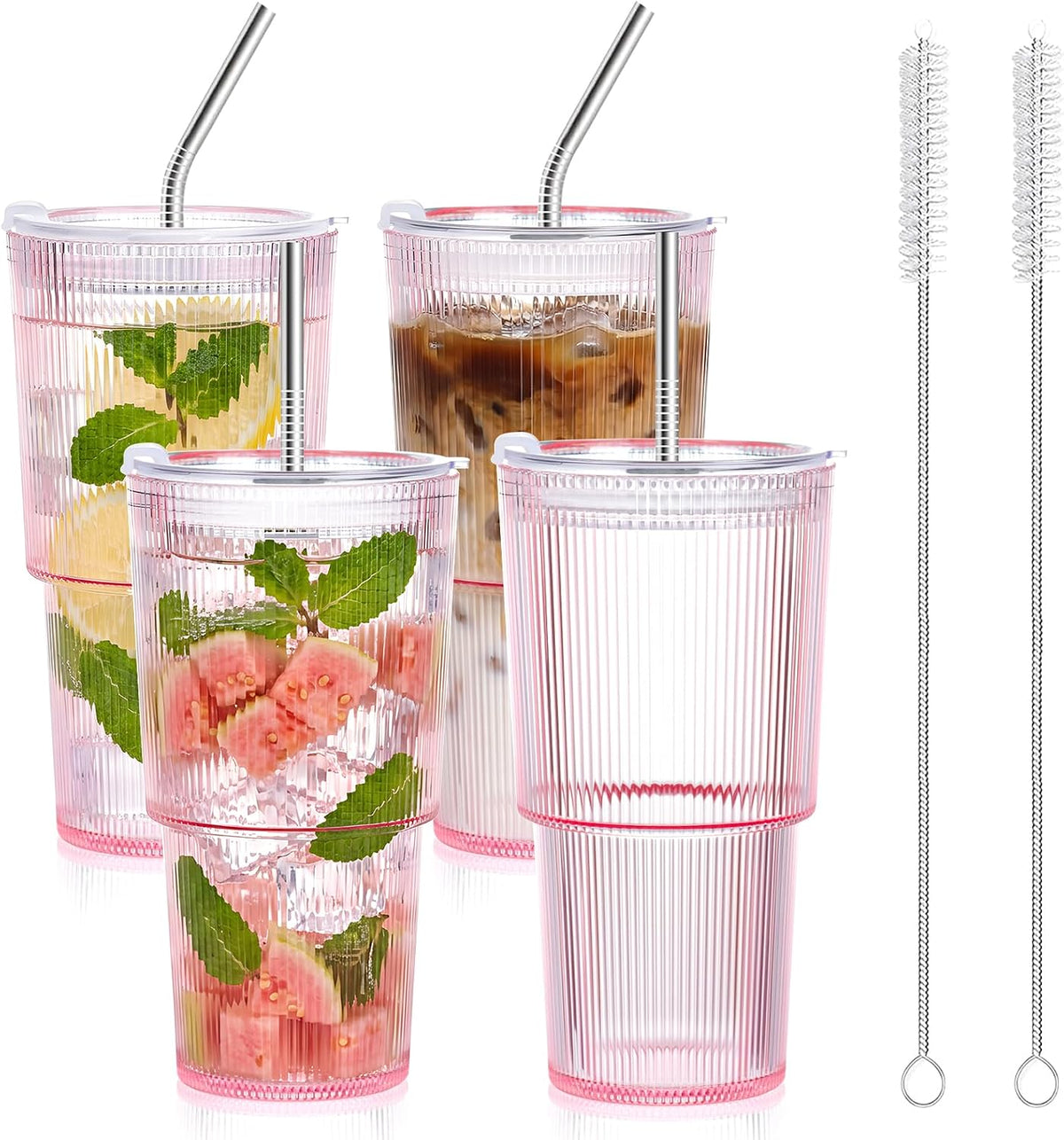 20oz Plastic Ribbed Tumblers with Lid and Straws Blue Plastic Reusable Iced Coffee Cups with Lid Unbreakable Vintage Ribbed Drinking Glasses Tumbler for Juice Smoothie Beverage with Clean Brush