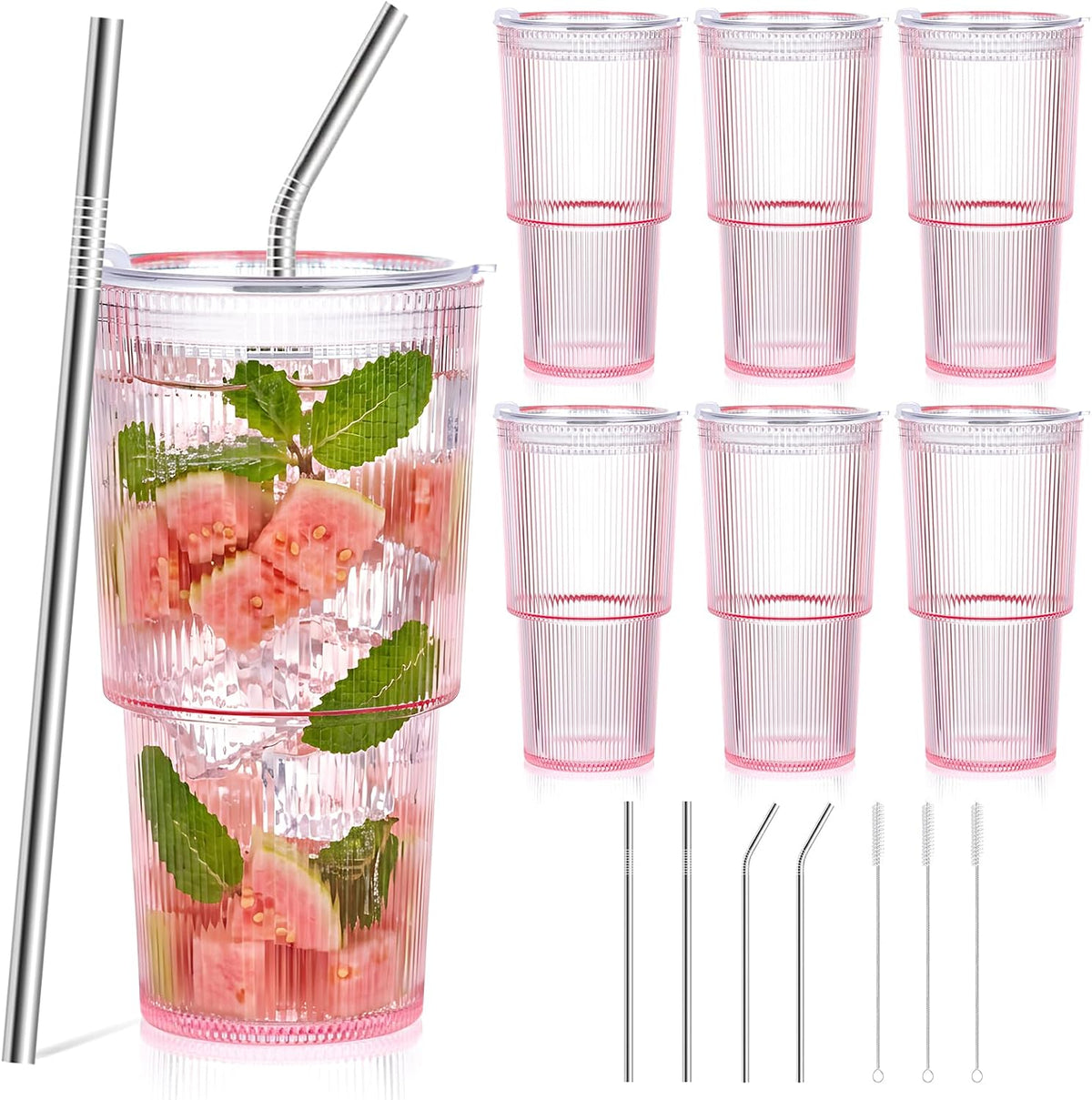 20oz Plastic Ribbed Tumblers with Lid and Straws Blue Plastic Reusable Iced Coffee Cups with Lid Unbreakable Vintage Ribbed Drinking Glasses Tumbler for Juice Smoothie Beverage with Clean Brush