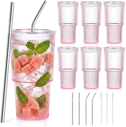 20oz Plastic Ribbed Tumblers with Lid and Straws Blue Plastic Reusable Iced Coffee Cups with Lid Unbreakable Vintage Ribbed Drinking Glasses Tumbler for Juice Smoothie Beverage with Clean Brush