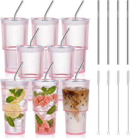 20oz Plastic Ribbed Tumblers with Lid and Straws Blue Plastic Reusable Iced Coffee Cups with Lid Unbreakable Vintage Ribbed Drinking Glasses Tumbler for Juice Smoothie Beverage with Clean Brush