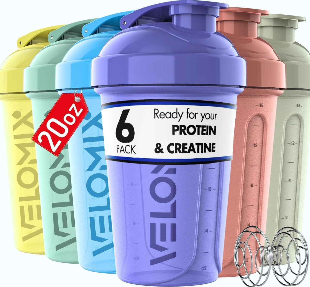 6 Pack 20oz Shaker Cups for Protein Shakes, Pastel Shades