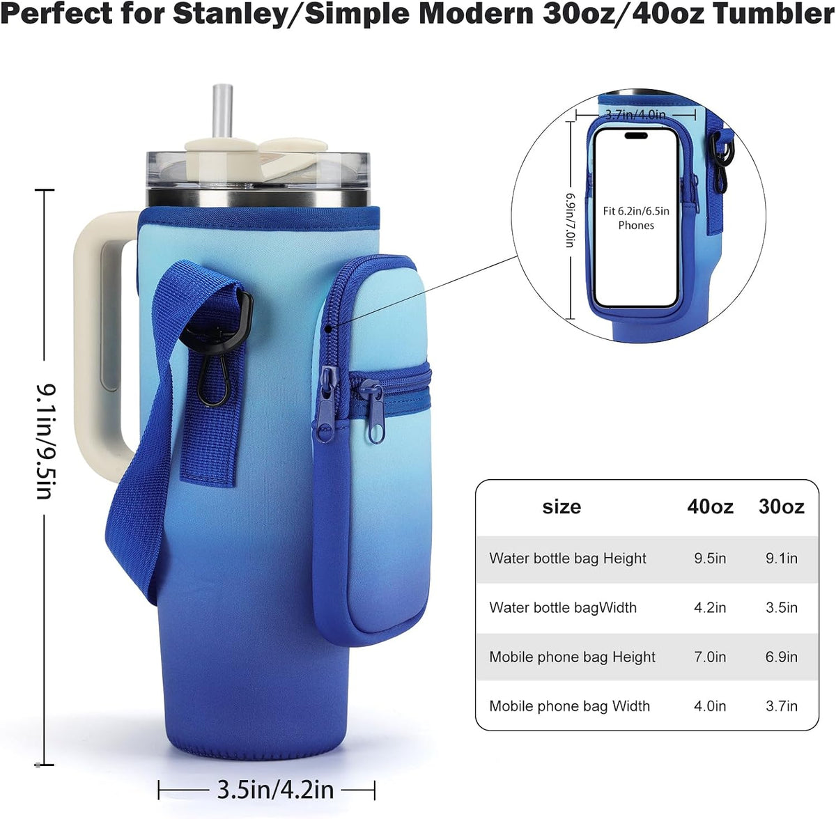 Water Bottle Carrier Bag for Stanley Cup 40/30oz with Phone Pockets
