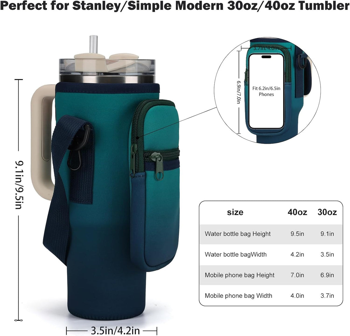 Water Bottle Carrier Bag for Stanley Cup 40/30oz with Phone Pockets