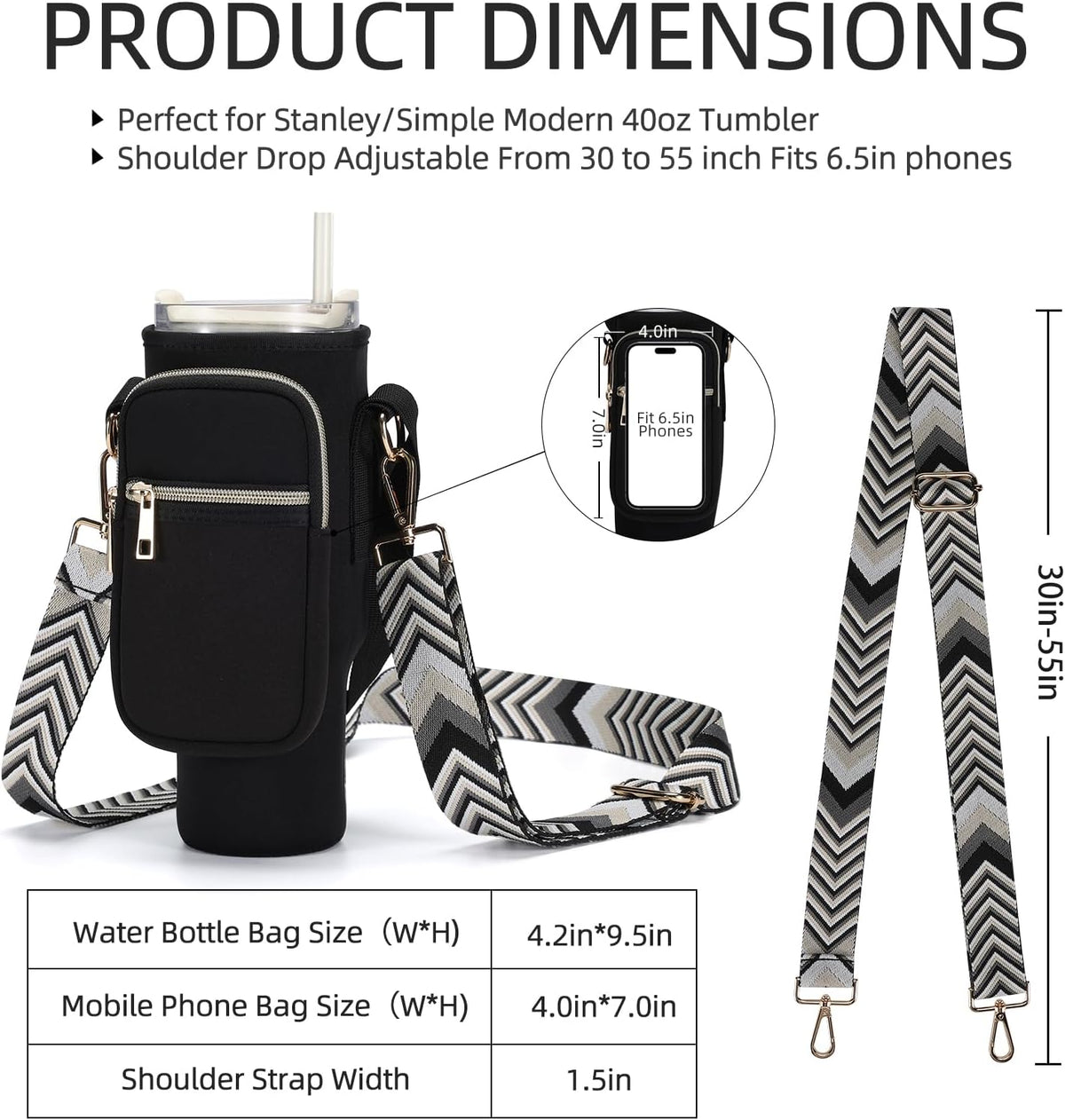Water Bottle Carrier Bag for Stanley Cup 40/30oz with Phone Pockets