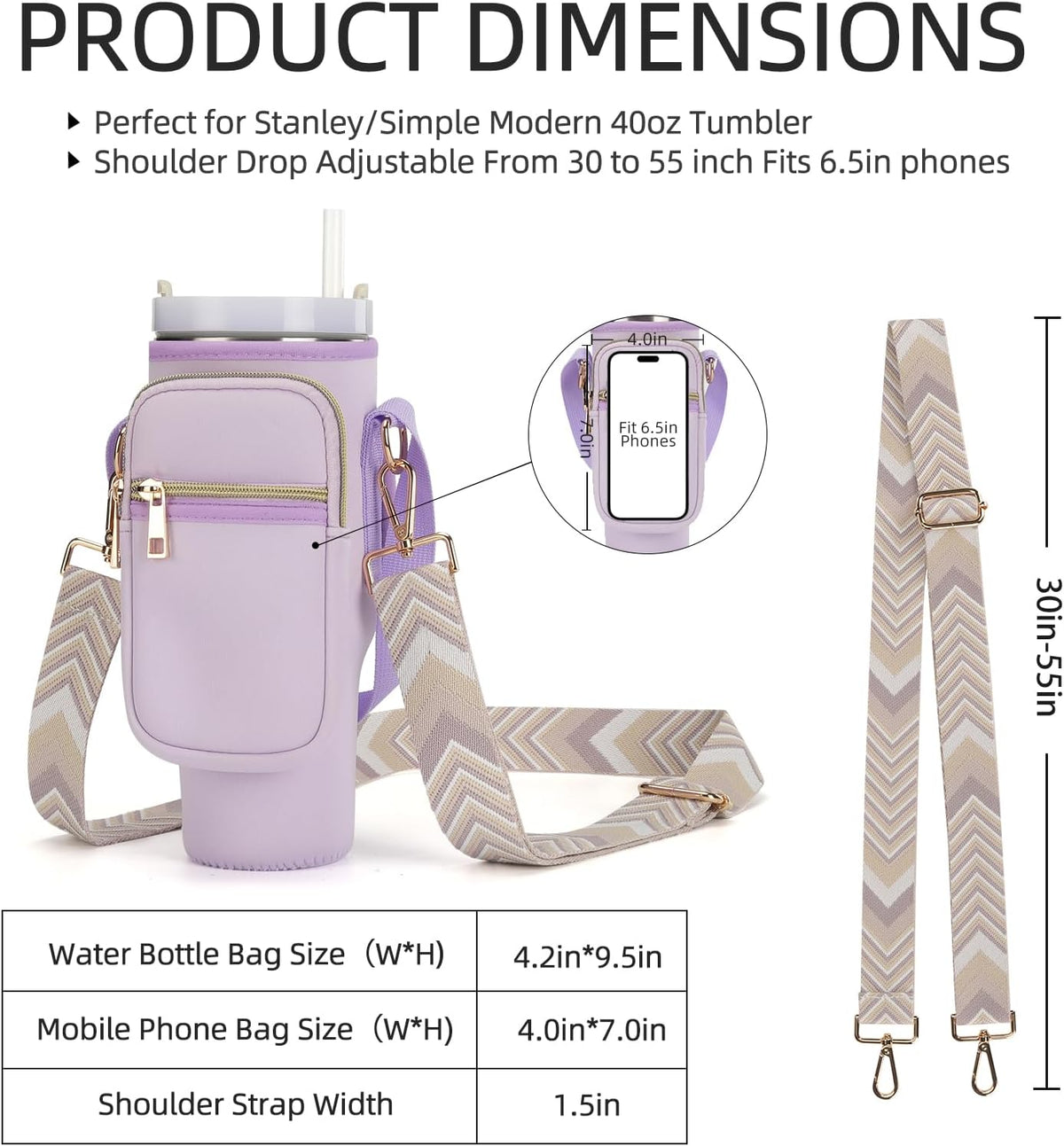 Water Bottle Carrier Bag for Stanley Cup 40/30oz with Phone Pockets