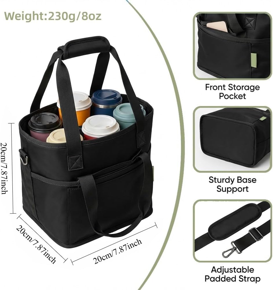 Family Size 4-Compartment Drink Carrier Bag for Coffee Cups & Tumblers, No-Spill Collapsible Beverage Caddy with Adjustable Dividers & Shoulder Strap, Insulated Cooler Tote for Car (Pink-White)