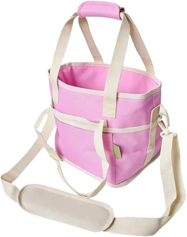 Family Size 4-Compartment Drink Carrier Bag for Coffee Cups & Tumblers, No-Spill Collapsible Beverage Caddy with Adjustable Dividers & Shoulder Strap, Insulated Cooler Tote for Car (Pink-White)