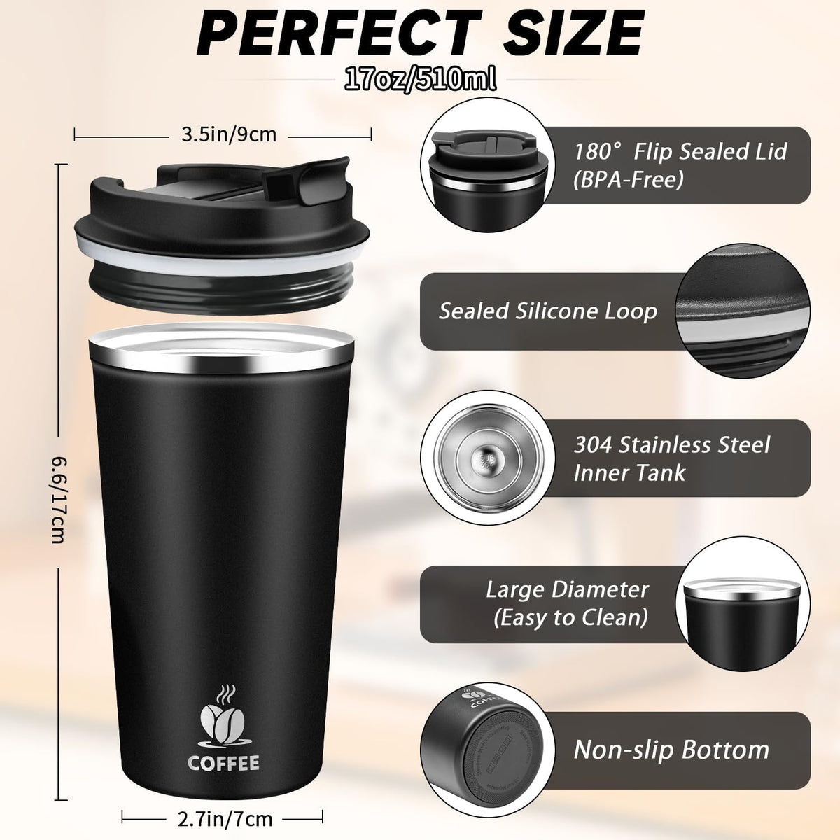 Insulated Travel Coffee Mug Reusable Coffee Tumbler Cup with Flip Lid Leak Proof Spill Proof for Office School Party Camping Hot and Cold Drink,Stainless Steel 17oz (Black)