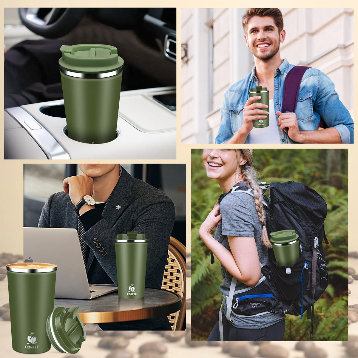 Insulated Travel Coffee Mug Reusable Coffee Tumbler Cup with Flip Lid Leak Proof Spill Proof for Office School Party Camping Hot and Cold Drink,Stainless Steel 17oz (Black)