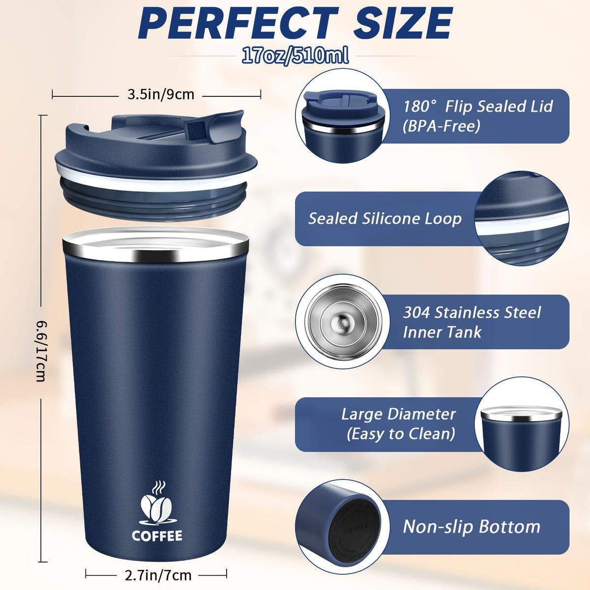 Insulated Travel Coffee Mug Reusable Coffee Tumbler Cup with Flip Lid Leak Proof Spill Proof for Office School Party Camping Hot and Cold Drink,Stainless Steel 17oz (Black)