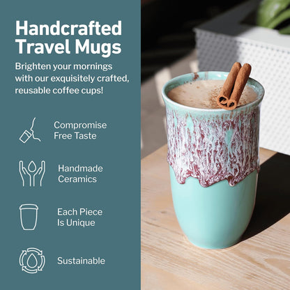 Coffee Tumbler – Travel Mug - On the Go Coffee Mug – Microwave & Dishwasher Safe Green Coffee Tumbler - Gifts For Women Men Him Her – 16oz – Monsoon