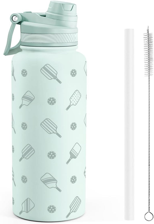 Pickleball Stainless Steel Water Bottle with Strap 32oz, Insulated Bottles with Straw and Spout Lid for Gym Sports Travel Outdoor, Gifts for Women Girls Birthday Christmas