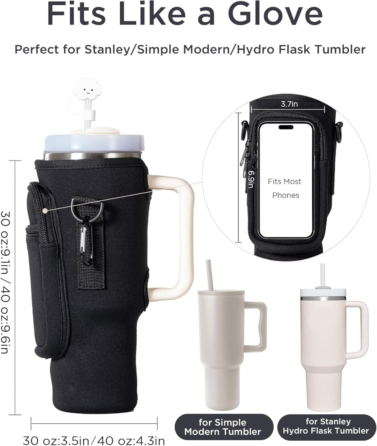 Water Bottle Carrier Bag with Phone Pocket for Stanley 40/30 oz Tumbler Neoprene Water Bottle Holder Pouch with Adjustable Strap Bollus with Straw Cover for Stanley Cup Accessories