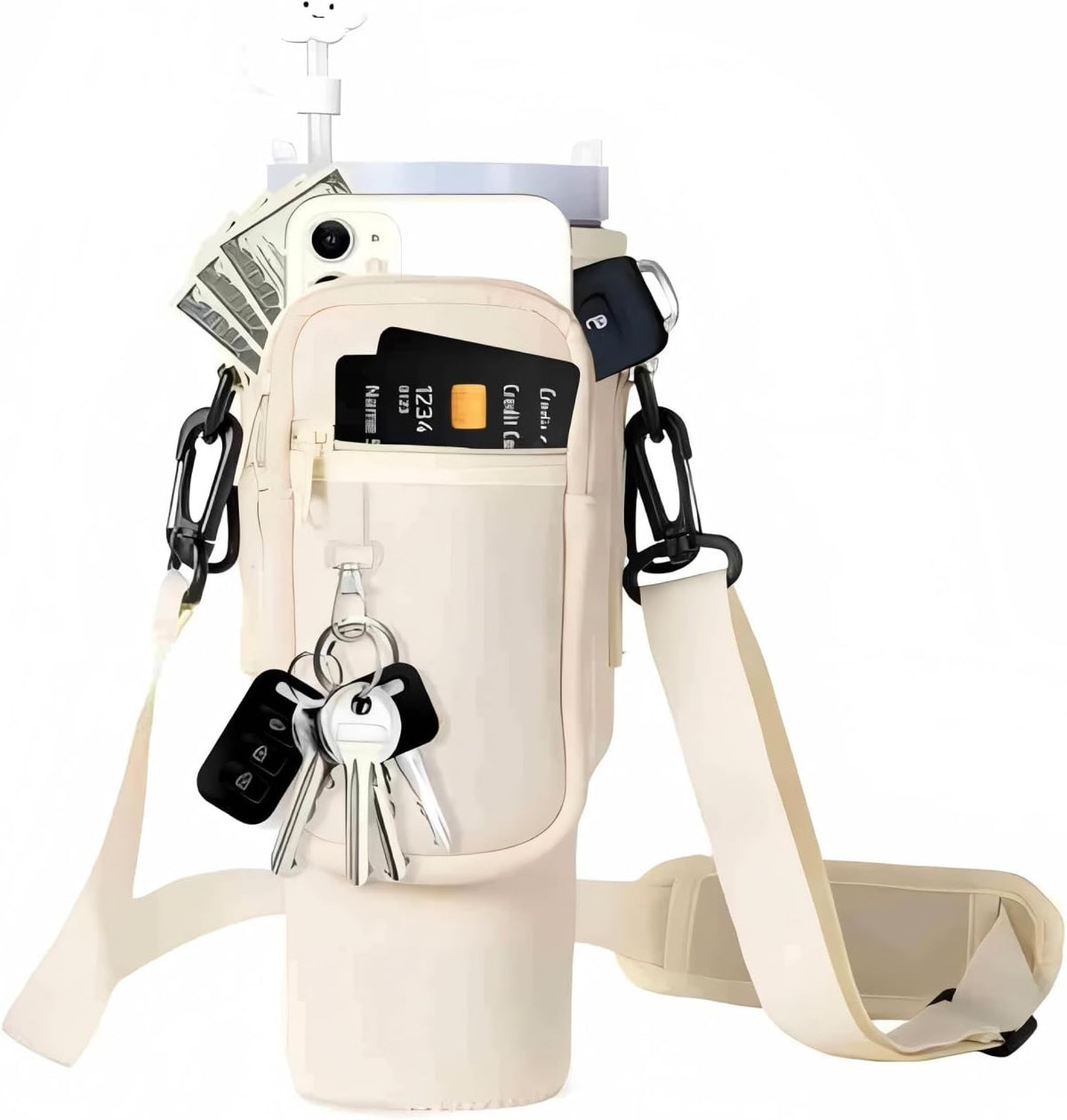 Water Bottle Carrier Bag with Phone Pocket for Stanley 40/30 oz Tumbler Neoprene Water Bottle Holder Pouch with Adjustable Strap Bollus with Straw Cover for Stanley Cup Accessories