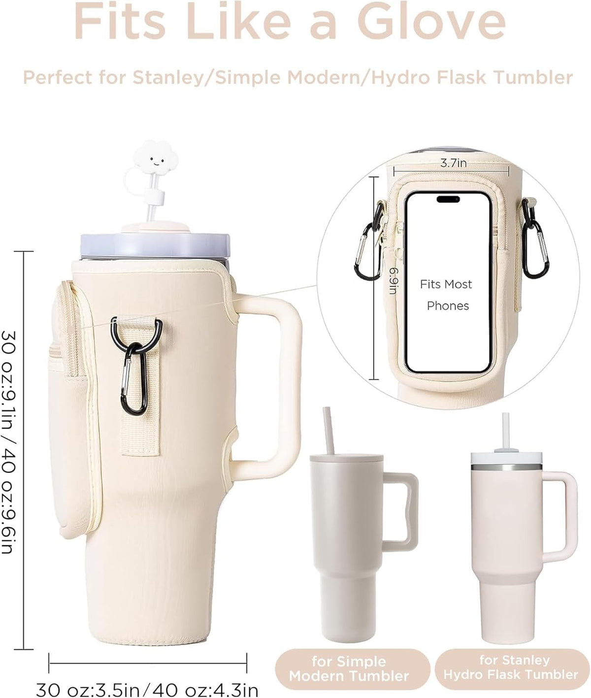 Water Bottle Carrier Bag with Phone Pocket for Stanley 40/30 oz Tumbler Neoprene Water Bottle Holder Pouch with Adjustable Strap Bollus with Straw Cover for Stanley Cup Accessories