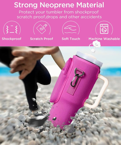 Water Bottle Carrier Bag with Phone Pocket for Stanley 40/30 oz Tumbler Neoprene Water Bottle Holder Pouch with Adjustable Strap Bollus with Straw Cover for Stanley Cup Accessories