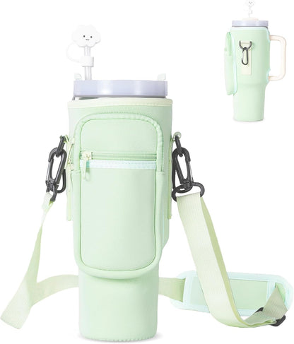 Water Bottle Carrier Bag with Phone Pocket for Stanley 40/30 oz Tumbler Neoprene Water Bottle Holder Pouch with Adjustable Strap Bollus with Straw Cover for Stanley Cup Accessories