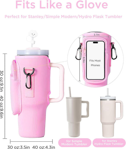 Water Bottle Carrier Bag with Phone Pocket for Stanley 40/30 oz Tumbler Neoprene Water Bottle Holder Pouch with Adjustable Strap Bollus with Straw Cover for Stanley Cup Accessories