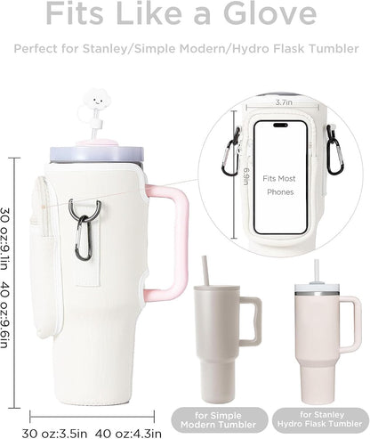 Water Bottle Carrier Bag with Phone Pocket for Stanley 40/30 oz Tumbler Neoprene Water Bottle Holder Pouch with Adjustable Strap Bollus with Straw Cover for Stanley Cup Accessories