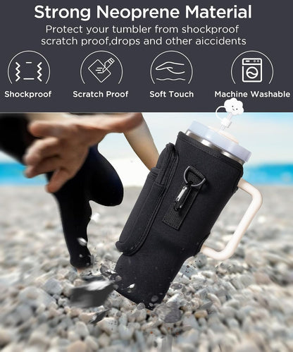 Water Bottle Carrier Bag with Phone Pocket for Stanley 40/30 oz Tumbler Neoprene Water Bottle Holder Pouch with Adjustable Strap Bollus with Straw Cover for Stanley Cup Accessories