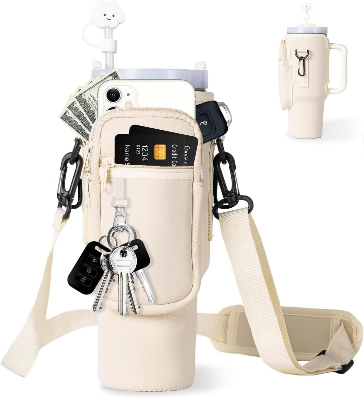 Water Bottle Carrier Bag with Phone Pocket for Stanley 40/30 oz Tumbler Neoprene Water Bottle Holder Pouch with Adjustable Strap Bollus with Straw Cover for Stanley Cup Accessories
