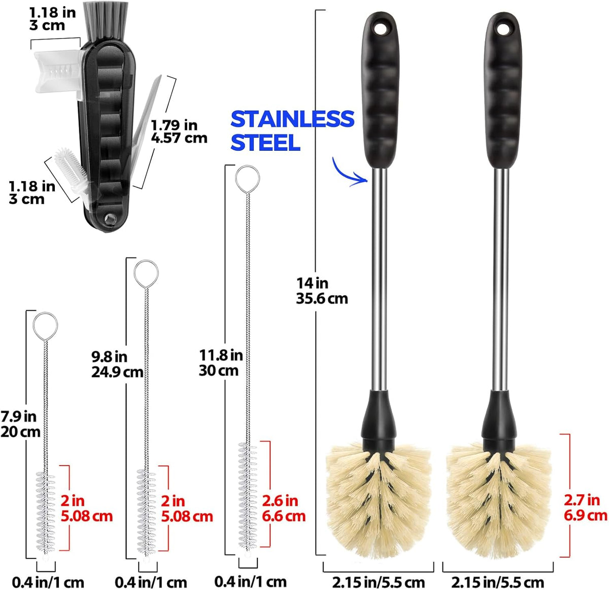 Bottle Brush 14" Stainless Steel Straw Cleaner Brush,Black