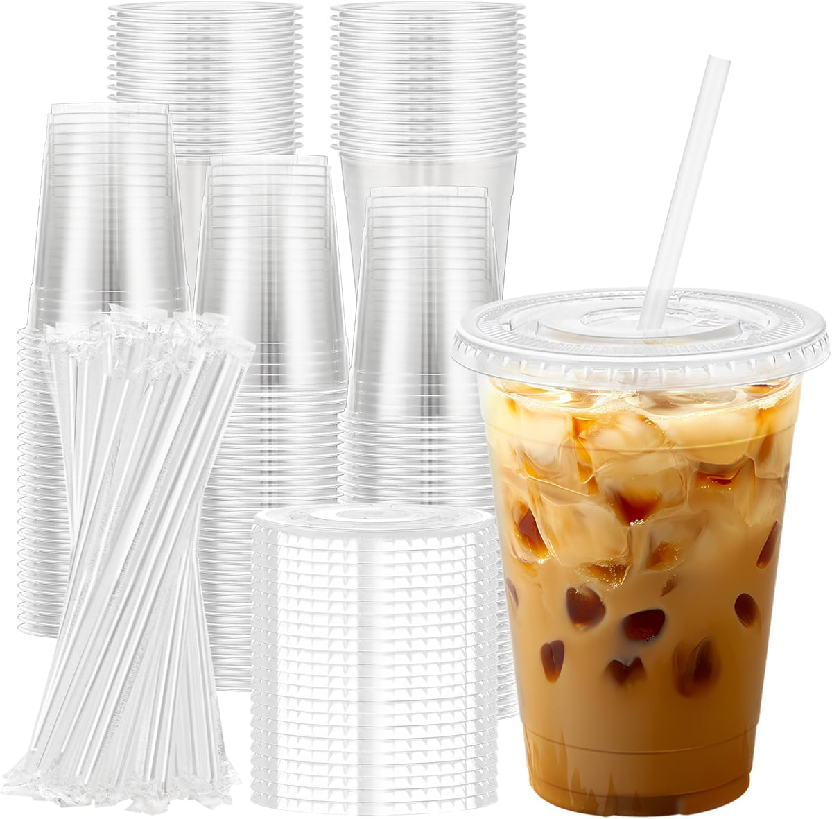 Lamosi 16 oz Clear Plastic Cups with Lids and Straws