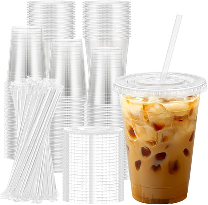 Lamosi 16 oz Clear Plastic Cups with Lids and Straws