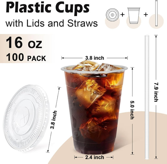 Lamosi 16 oz Clear Plastic Cups with Lids and Straws