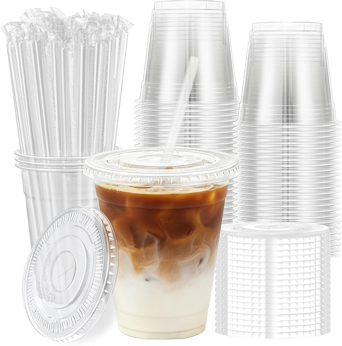 Lamosi 16 oz Clear Plastic Cups with Lids and Straws