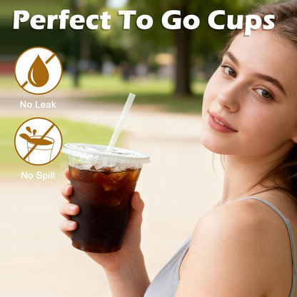 Lamosi 16 oz Clear Plastic Cups with Lids and Straws