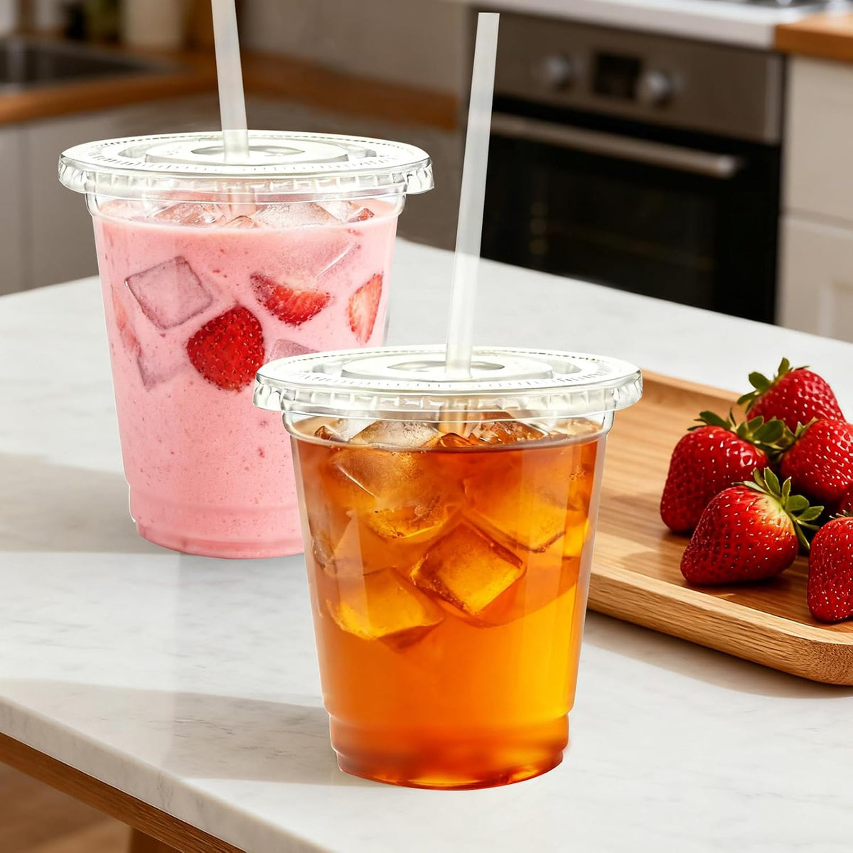 Lamosi 16 oz Clear Plastic Cups with Lids and Straws