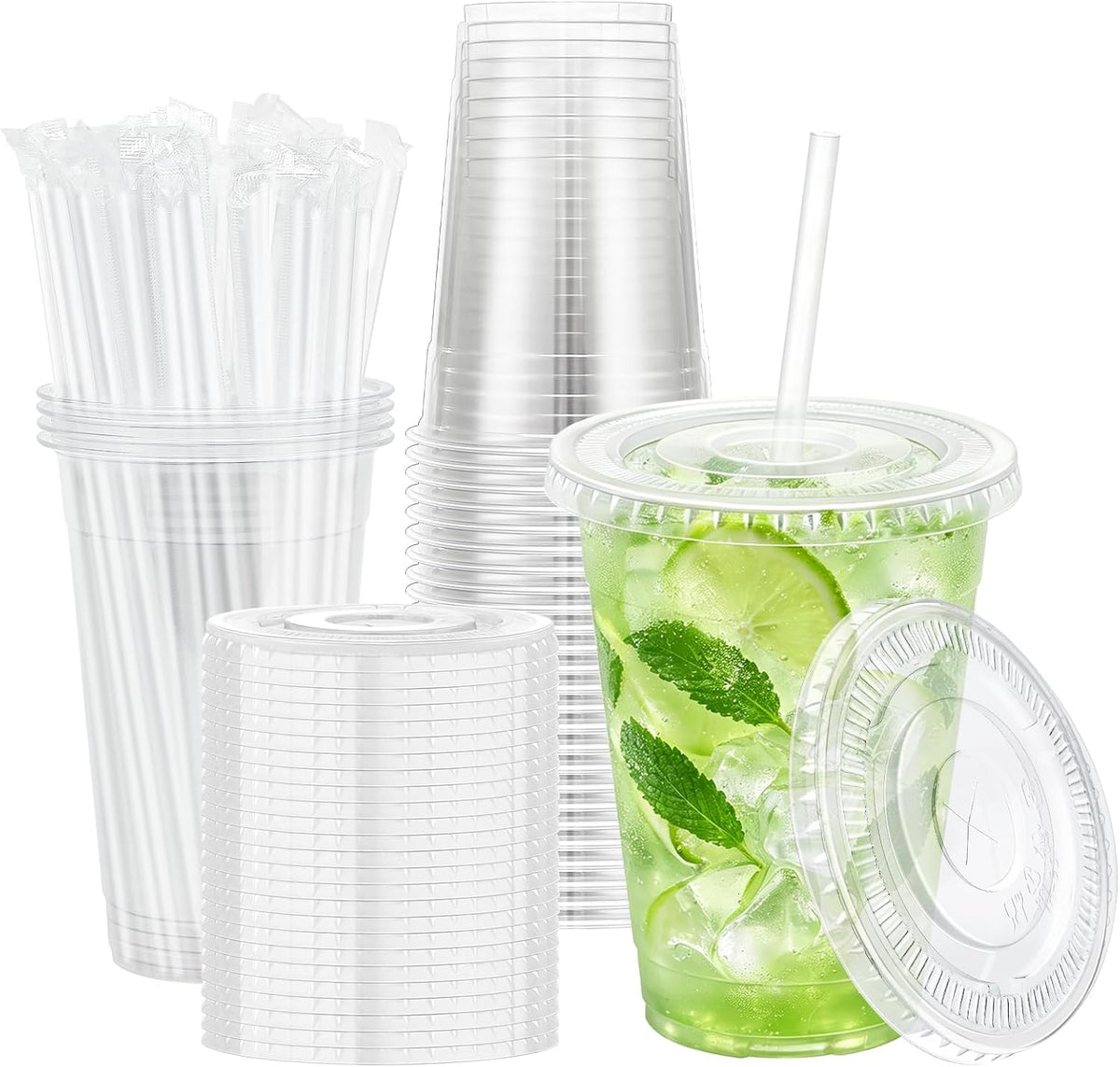 Lamosi 16 oz Clear Plastic Cups with Lids and Straws
