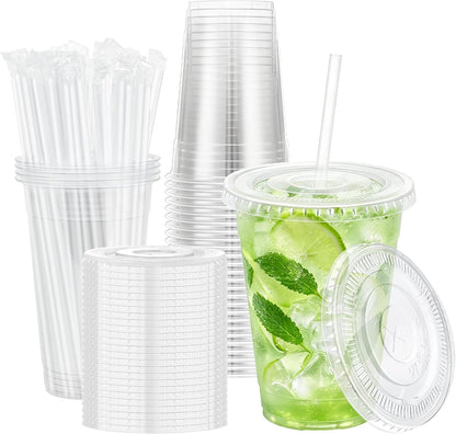 Lamosi 16 oz Clear Plastic Cups with Lids and Straws