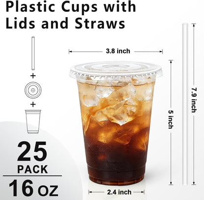 Lamosi 16 oz Clear Plastic Cups with Lids and Straws