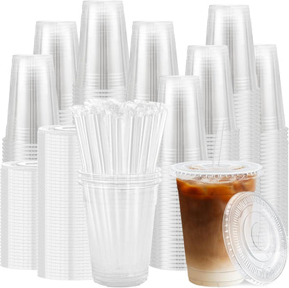 Lamosi 16 oz Clear Plastic Cups with Lids and Straws