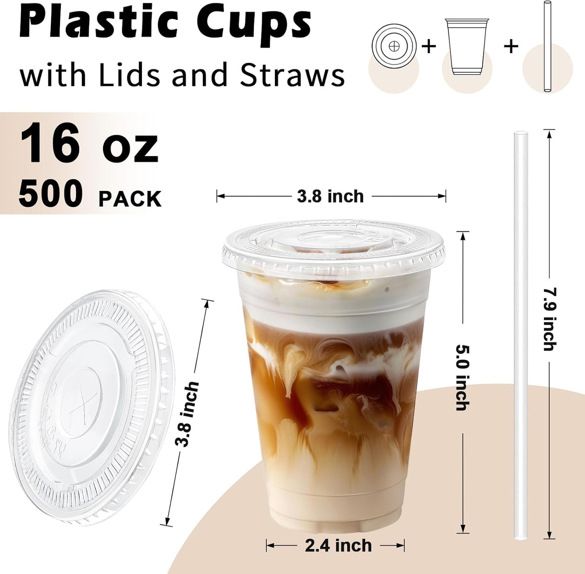 Lamosi 16 oz Clear Plastic Cups with Lids and Straws